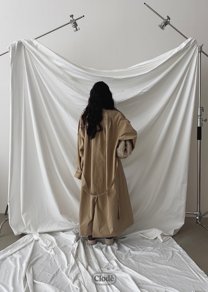 CLODE韓國直郵㊣女裝新款真品熱賣時尚25秋冬長款風衣含腰帶褶皺CLODE長款風衣