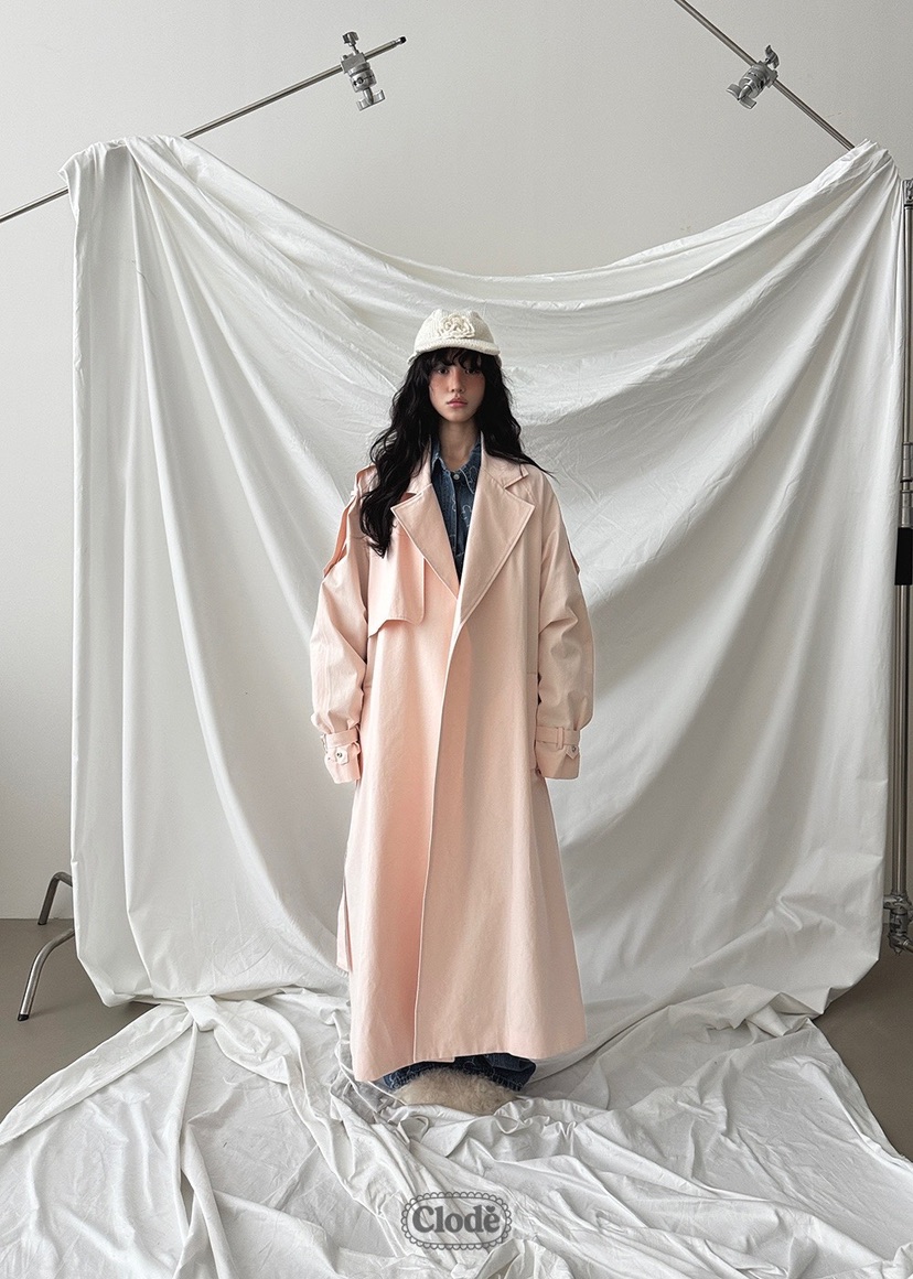 CLODE韓國直郵㊣女裝新款真品熱賣時尚25秋冬長款風衣含腰帶褶皺CLODE長款風衣