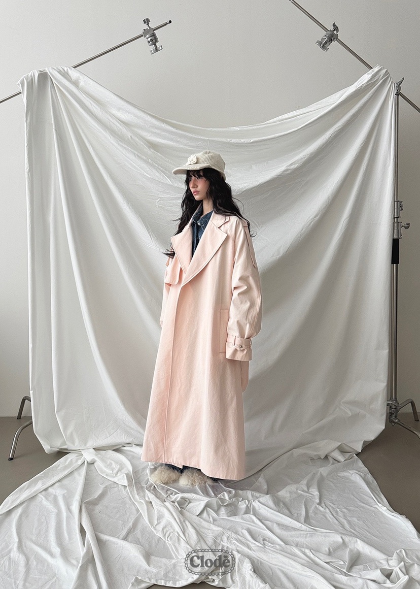 CLODE韓國直郵㊣女裝新款真品熱賣時尚25秋冬長款風衣含腰帶褶皺CLODE長款風衣