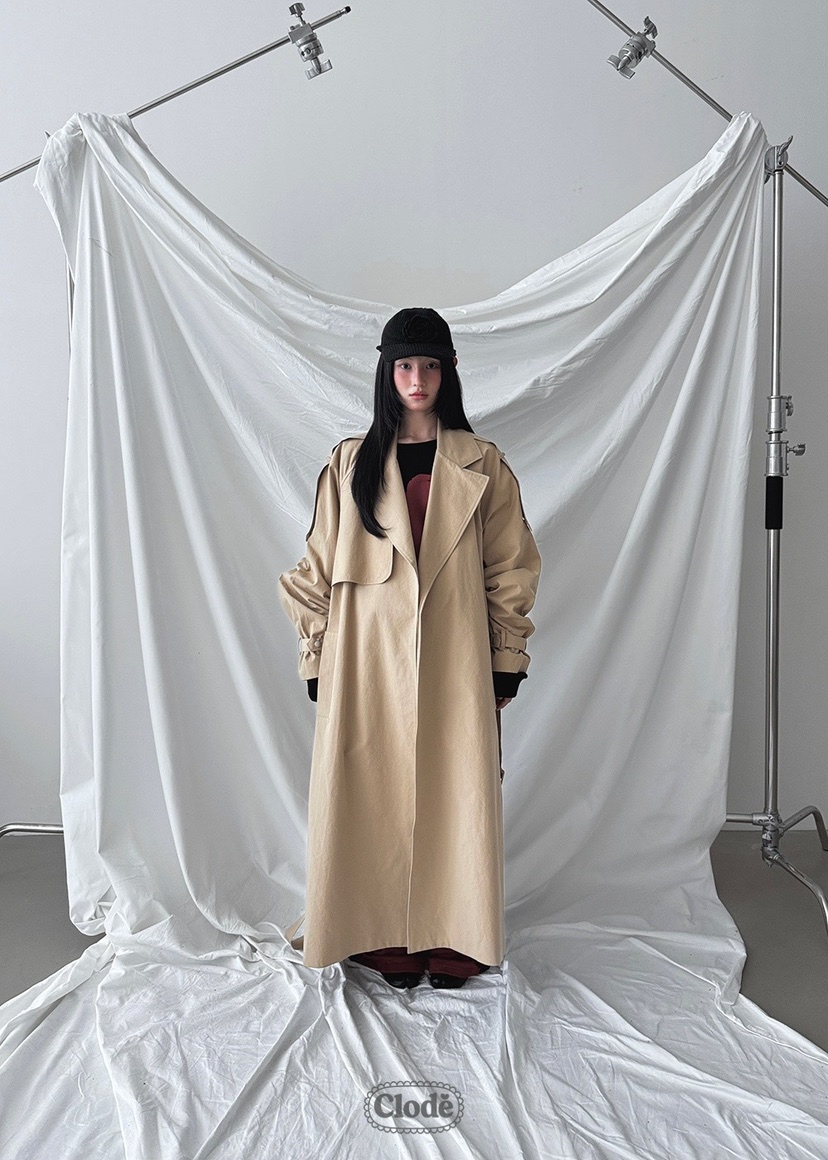 CLODE韓國直郵㊣女裝新款真品熱賣時尚25秋冬長款風衣含腰帶褶皺CLODE長款風衣圖色1