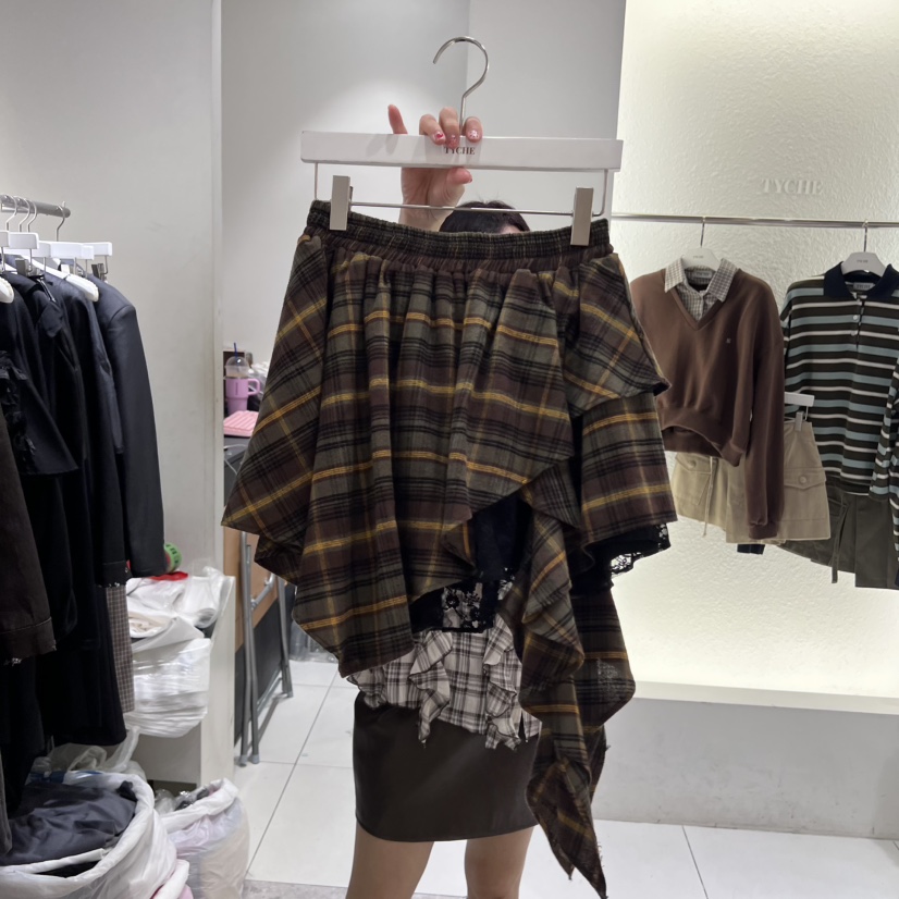 TYCHE韓國代購㊣女士新款25秋冬時尚推薦人氣短裙荷葉邊格紋TYCHE短裙