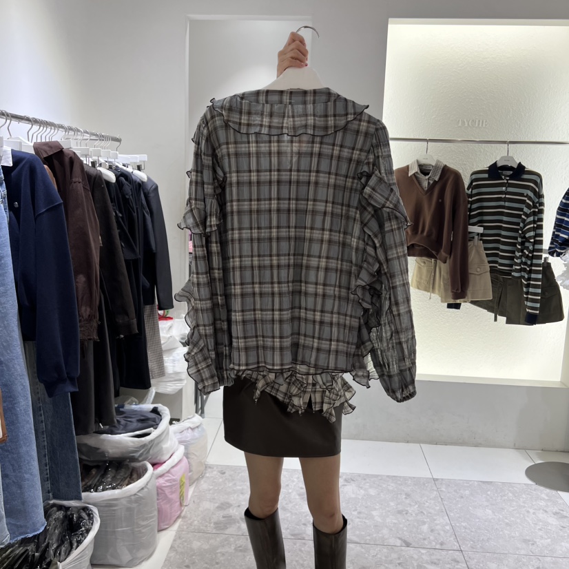 TYCHE東大門㊣代購女士新款真品25秋冬襯衫蕾絲衫荷葉邊格紋TYCHE襯衫/蕾絲衫