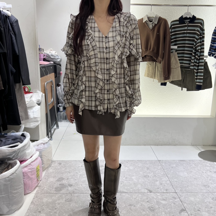 TYCHE東大門㊣代購女士新款真品25秋冬襯衫蕾絲衫荷葉邊格紋TYCHE襯衫/蕾絲衫圖色1