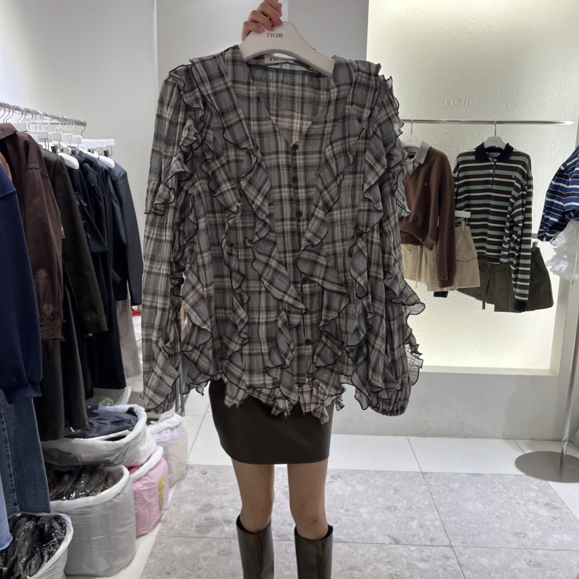 TYCHE東大門㊣代購女士新款真品25秋冬襯衫蕾絲衫荷葉邊格紋TYCHE襯衫/蕾絲衫圖色2