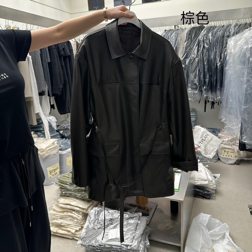 NUTPLAN東大門㊣代購女裝新款推薦25秋冬休閑真品皮衣含腰帶NUTPLAN皮衣