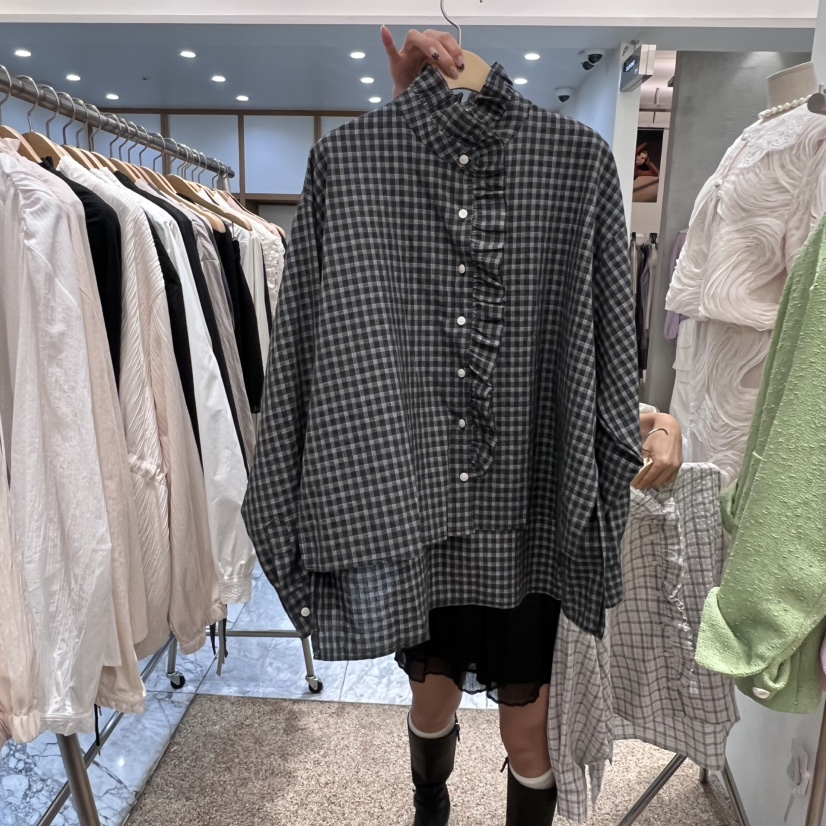 A韓國代購㊣女士新品休閑推薦人氣25秋冬熱賣襯衫蕾絲衫格紋A STORE襯衫/蕾絲衫圖色2