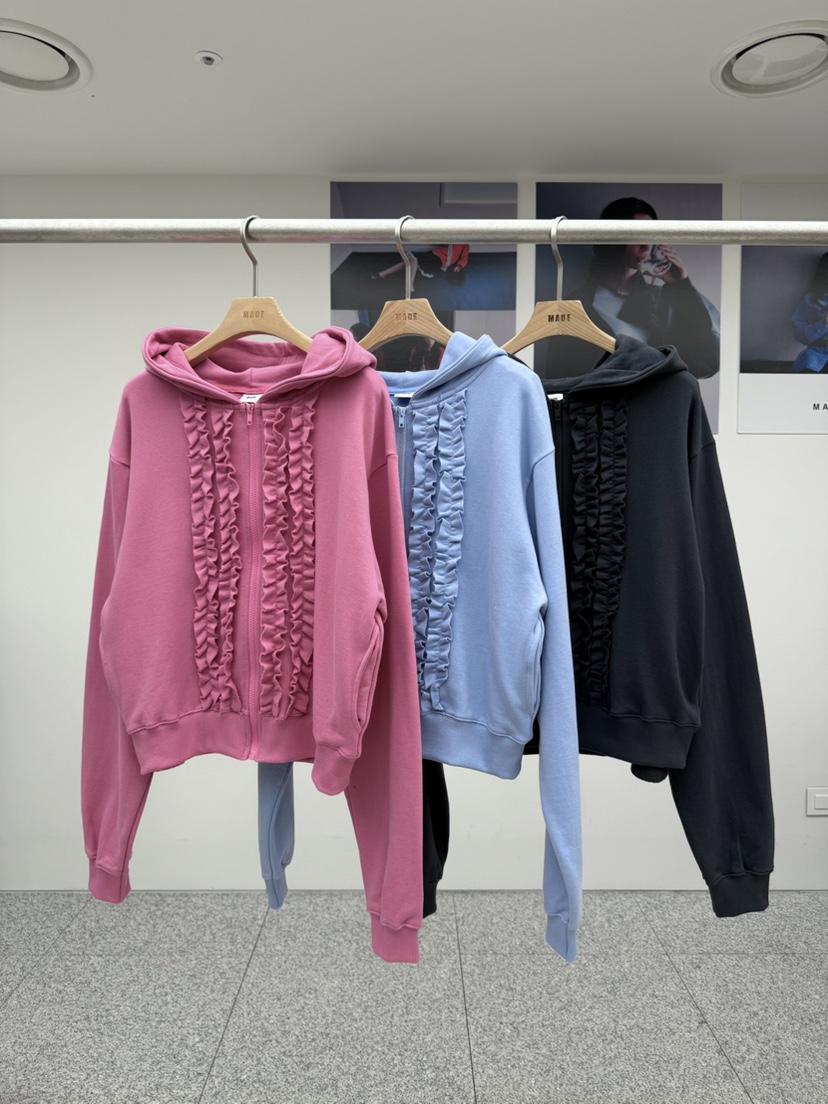 MADE-P韓國代購㊣女裝新款25秋冬休閑熱賣真品夾克荷葉邊兜帽MADE-P夾克
