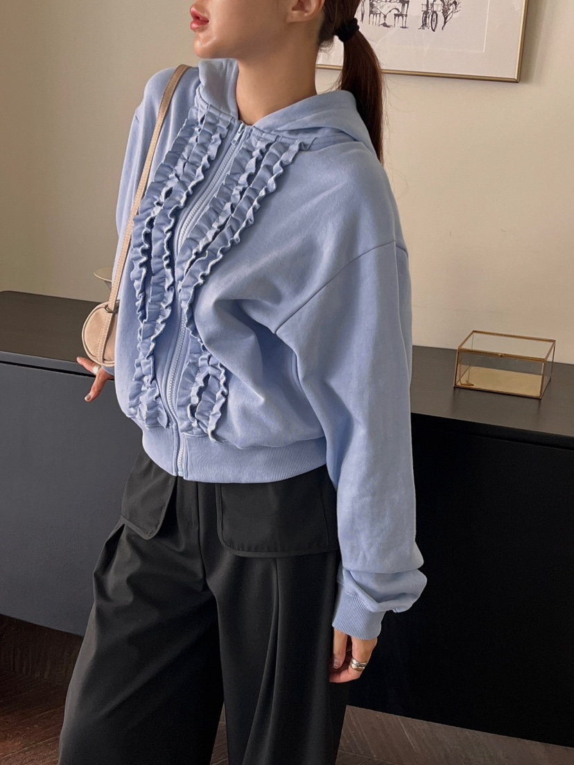 MADE-P韓國代購㊣女裝新款25秋冬休閑熱賣真品夾克荷葉邊兜帽MADE-P夾克