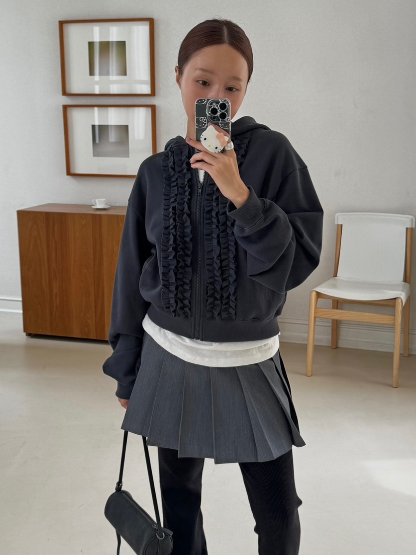 MADE-P韓國代購㊣女裝新款25秋冬休閑熱賣真品夾克荷葉邊兜帽MADE-P夾克