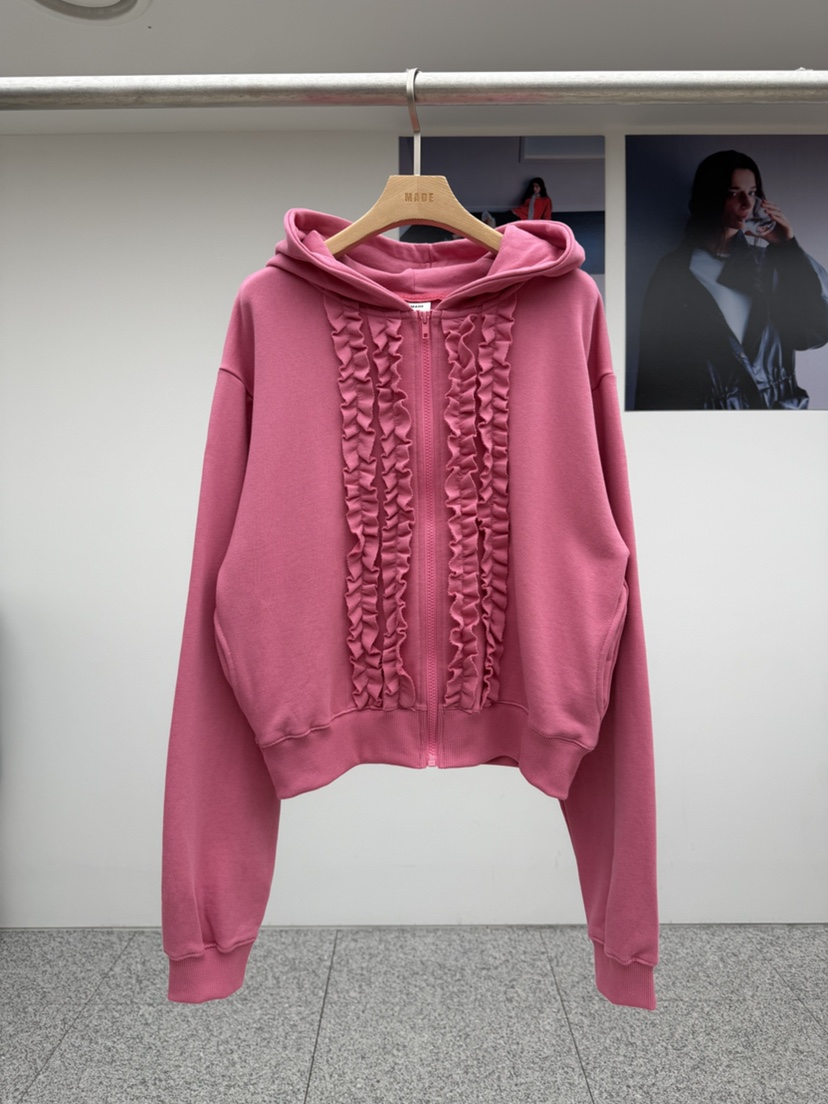 MADE-P韓國代購㊣女裝新款25秋冬休閑熱賣真品夾克荷葉邊兜帽MADE-P夾克圖色2
