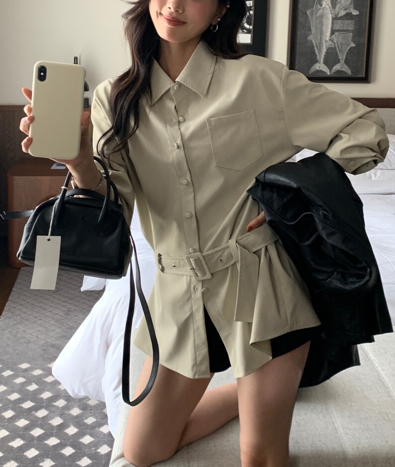 OLA韓國代購㊣女裝新款時尚熱賣真品休閑職業襯衫蕾絲衫含腰帶mellor/OLA襯衫/蕾絲衫