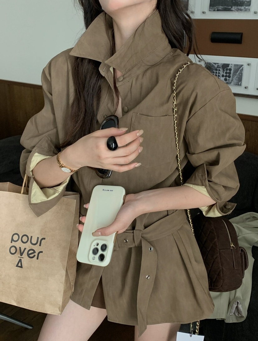 OLA韓國代購㊣女裝新款時尚熱賣真品休閑職業襯衫蕾絲衫含腰帶mellor/OLA襯衫/蕾絲衫