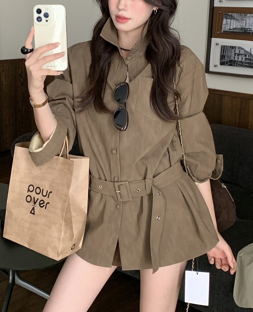 OLA韓國代購㊣女裝新款時尚熱賣真品休閑職業襯衫蕾絲衫含腰帶mellor/OLA襯衫/蕾絲衫
