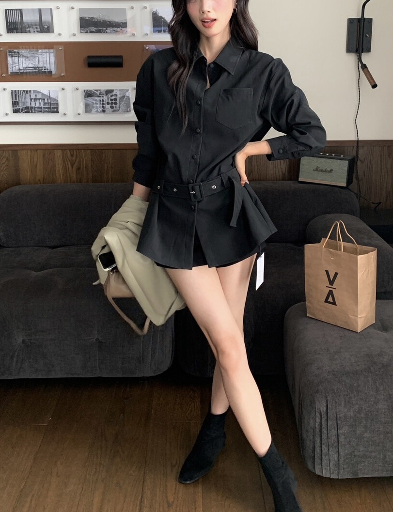 OLA韓國代購㊣女裝新款時尚熱賣真品休閑職業襯衫蕾絲衫含腰帶mellor/OLA襯衫/蕾絲衫