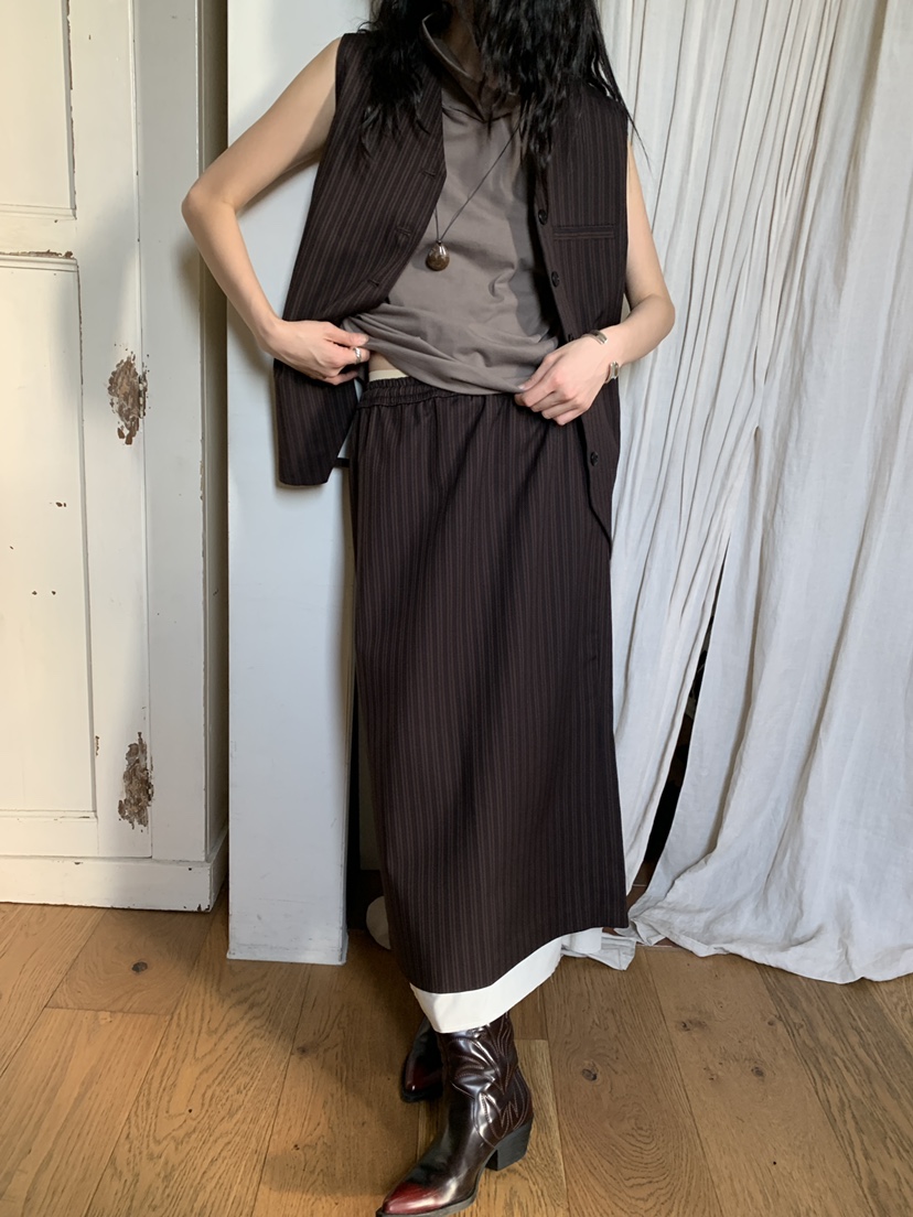 OURS韓國代購㊣女裝新款25秋冬休閑時尚職業推薦人氣長裙條紋OURS長裙