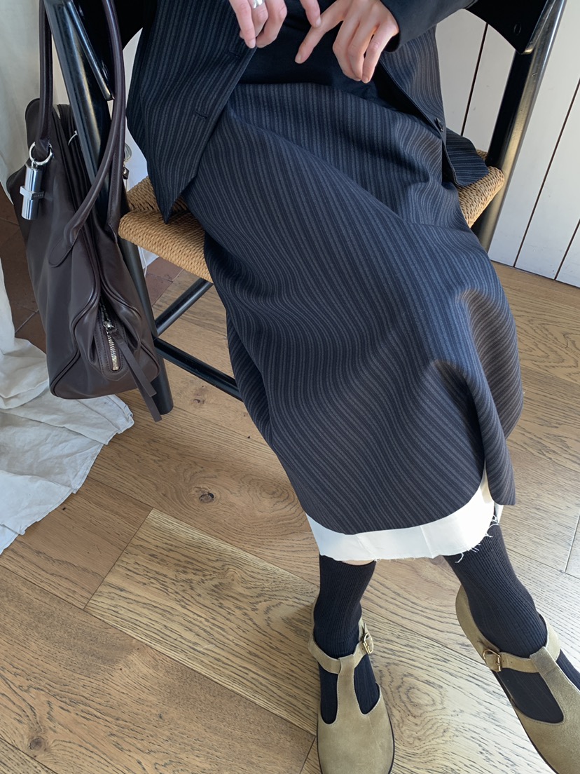 OURS韓國代購㊣女裝新款25秋冬休閑時尚職業推薦人氣長裙條紋OURS長裙
