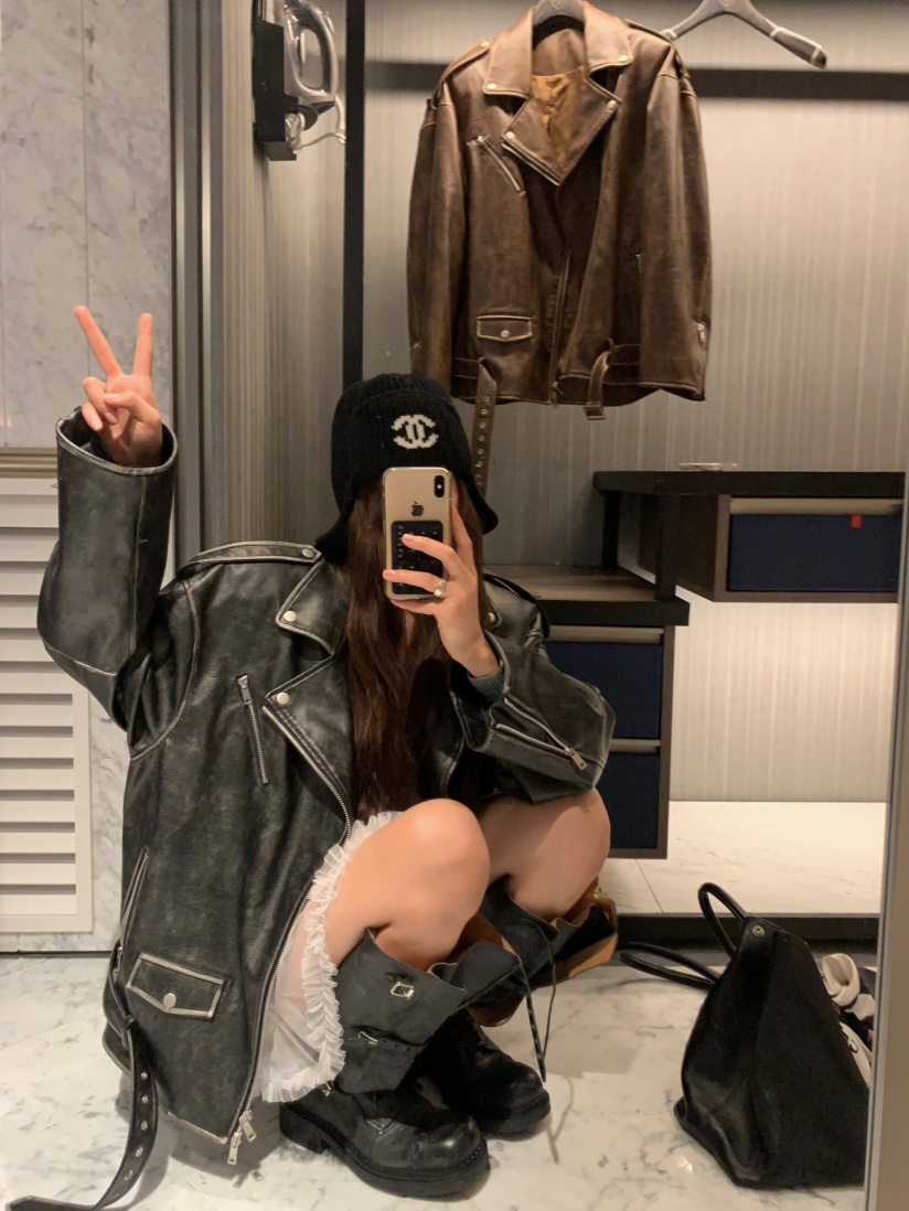 VIRKIN東大門㊣實拍女裝新款人氣25秋冬時尚職業夾克水洗皮革VIRKIN夾克