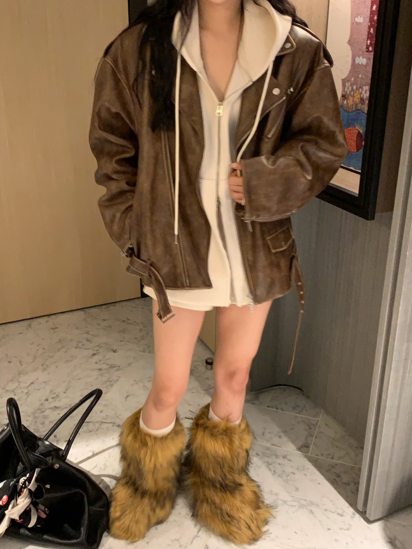 VIRKIN東大門㊣實拍女裝新款人氣25秋冬時尚職業夾克水洗皮革VIRKIN夾克圖色2
