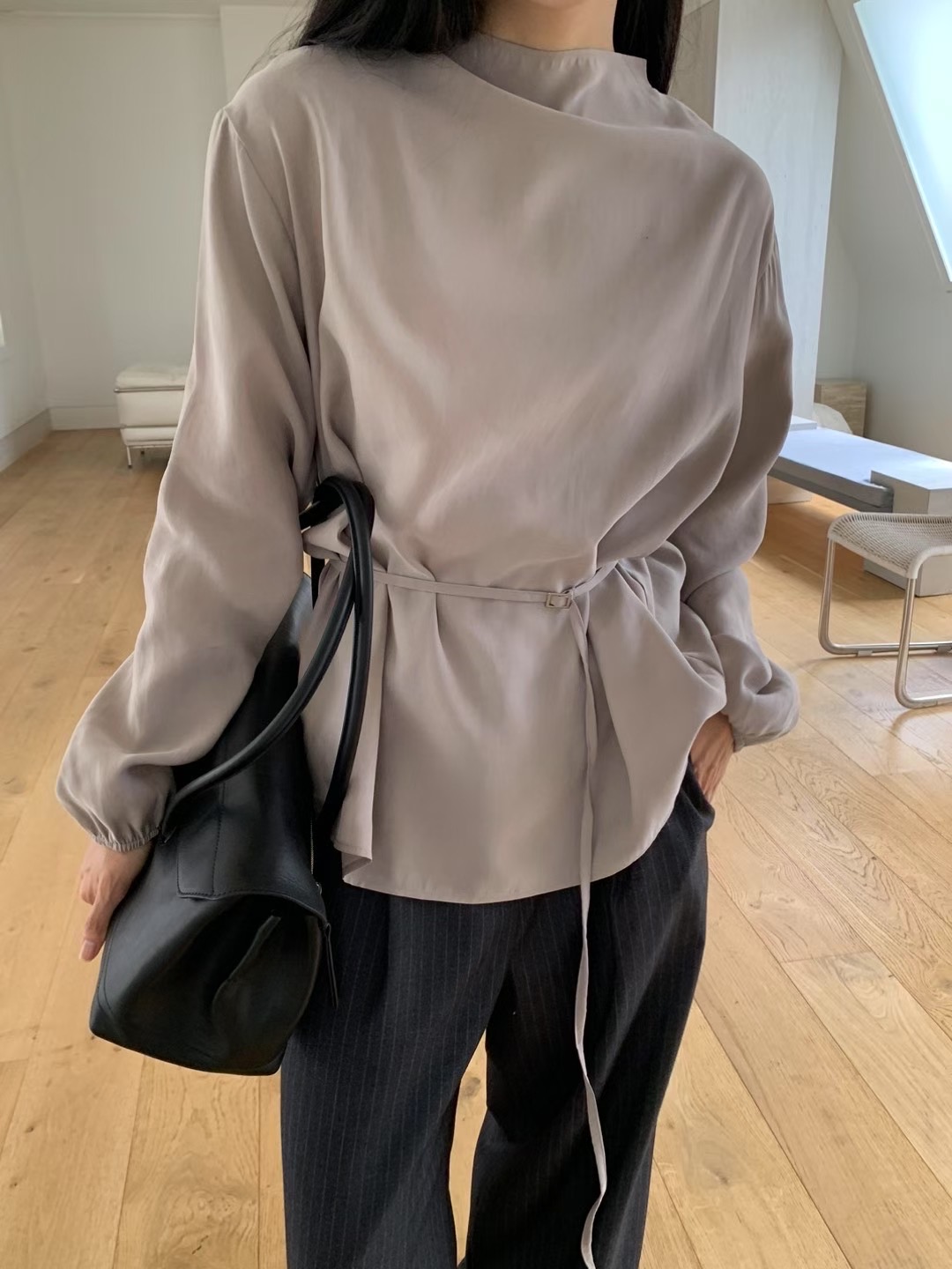 HANDER韓國直郵㊣女士新品職業熱賣休閑人氣襯衫蕾絲衫含腰繩HANDER襯衫/蕾絲衫圖色2