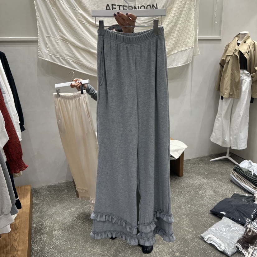 AFTERNOON韓國直郵㊣女裝新款休閑25秋冬職業休閑褲荷葉邊羅紋AFTERNOON休閑褲