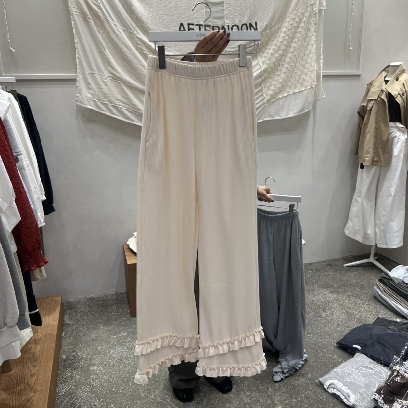 AFTERNOON韓國直郵㊣女裝新款休閑25秋冬職業休閑褲荷葉邊羅紋AFTERNOON休閑褲圖色2