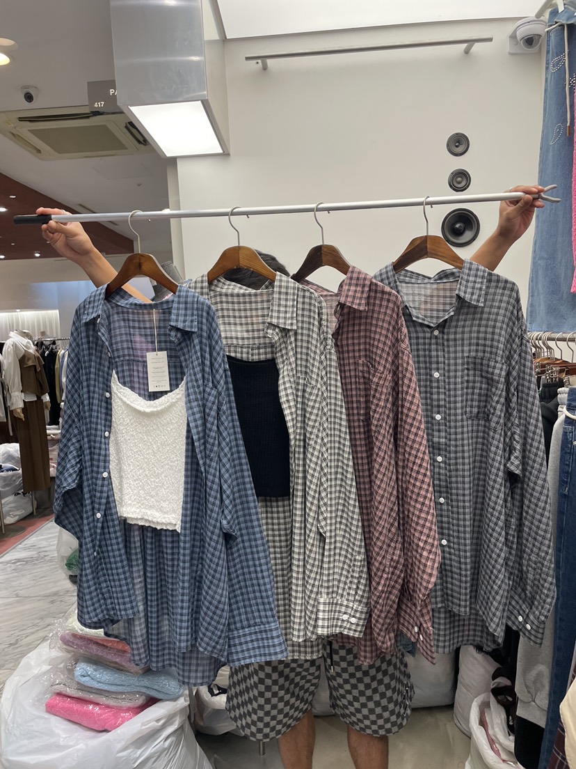 PAIRING韓國直郵㊣女裝新款時尚襯衫蕾絲衫不含內搭格紋寬松PAIRING襯衫/蕾絲衫