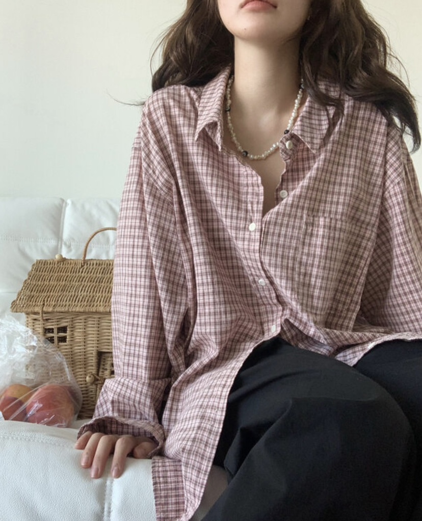 PAIRING韓國直郵㊣女裝新款時尚襯衫蕾絲衫不含內搭格紋寬松PAIRING襯衫/蕾絲衫