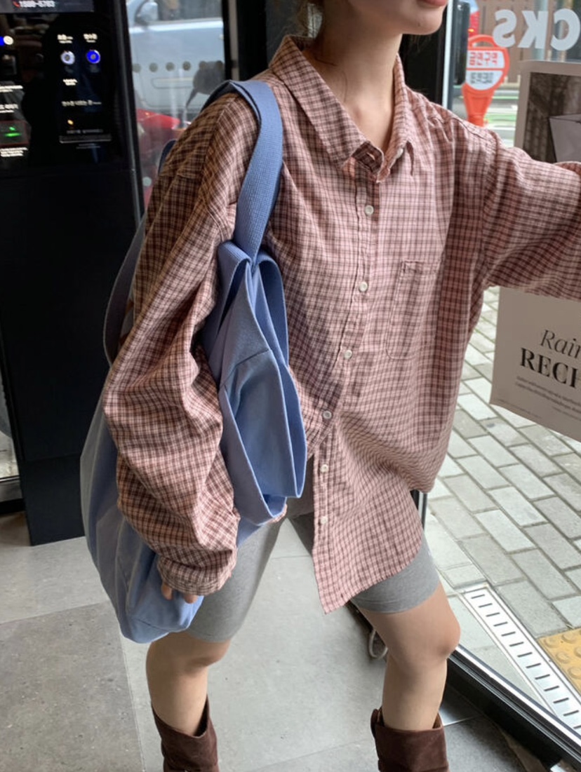 PAIRING韓國直郵㊣女裝新款時尚襯衫蕾絲衫不含內搭格紋寬松PAIRING襯衫/蕾絲衫