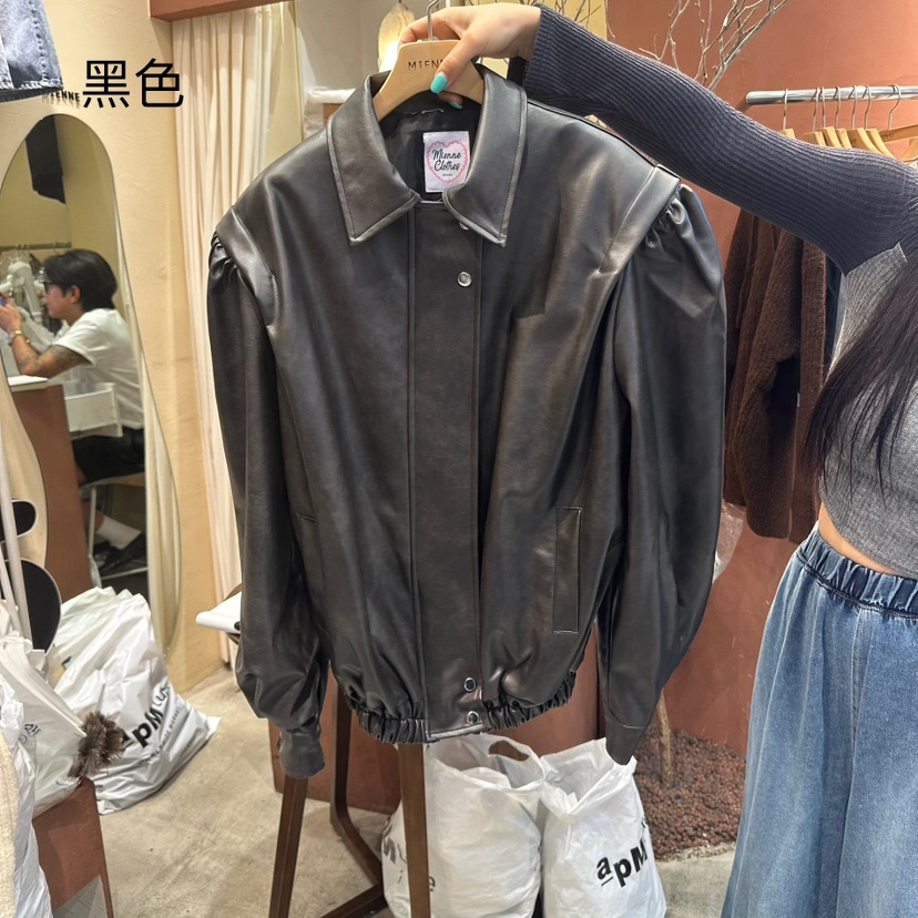 MIENNE東大門㊣代購女裝新款真品熱賣推薦時尚夾克皮革褶皺MIENNE夾克圖色2