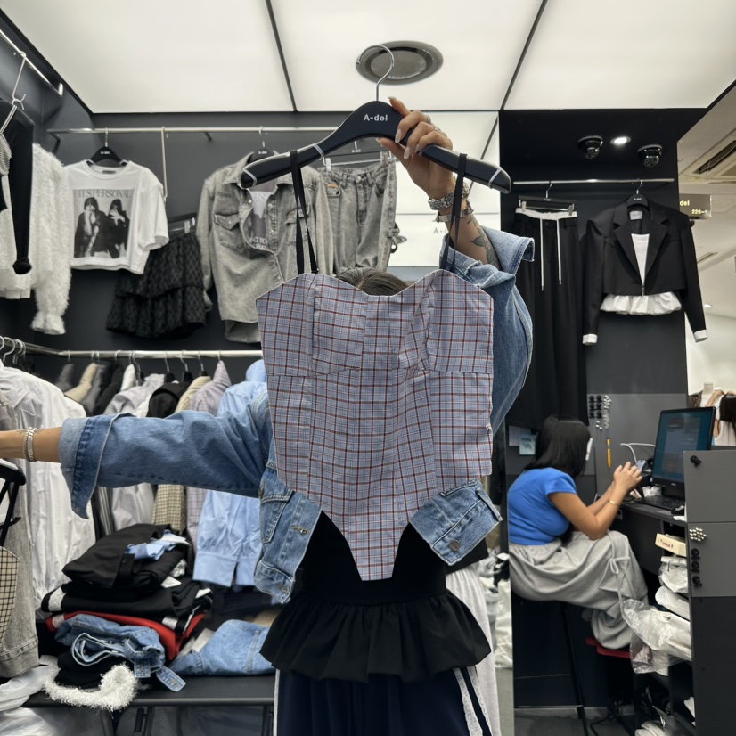 A-DEL東大門㊣代購女士新品人氣推薦時尚吊帶背心格紋緊身A-DEL吊帶/背心圖色1