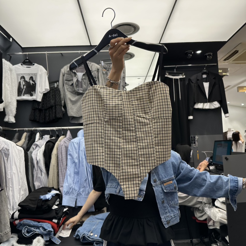 A-DEL東大門㊣代購女士新品人氣推薦時尚吊帶背心格紋緊身A-DEL吊帶/背心圖色2