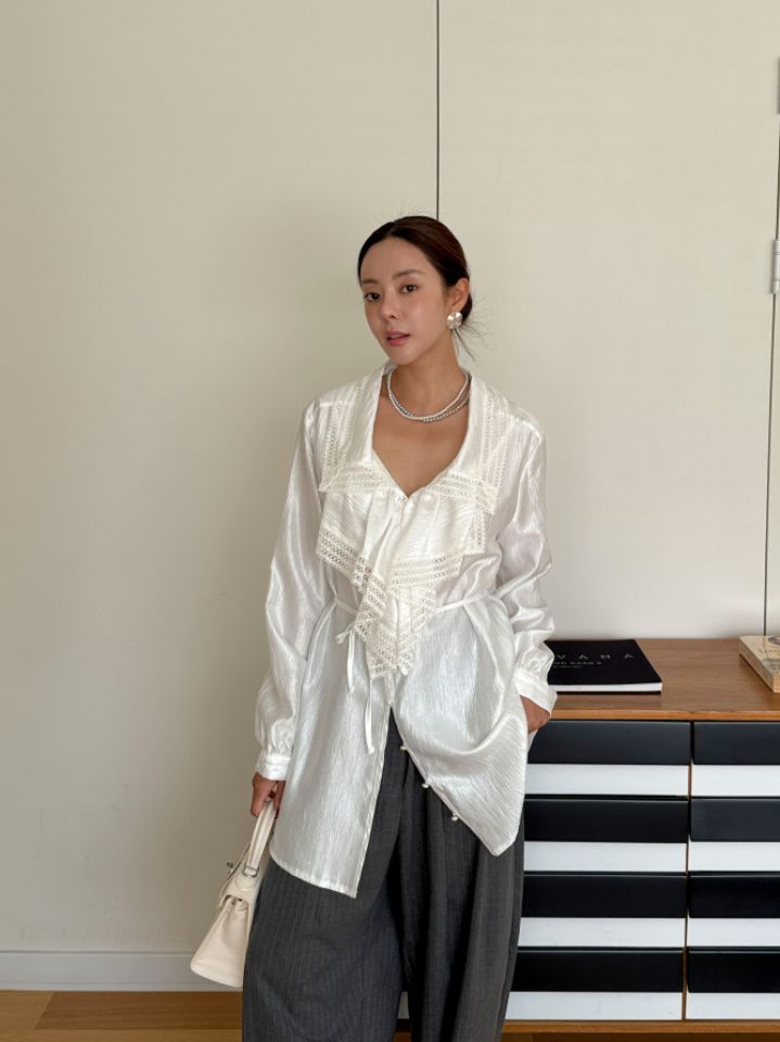 CATS韓國代購㊣女士新品時尚推薦真品25秋冬襯衫蕾絲衫含腰繩CAT.S襯衫/蕾絲衫