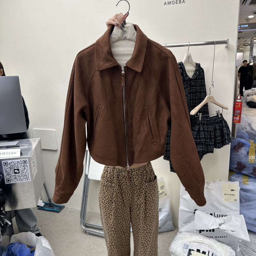 AMOEBA韓國代購㊣女士新品休閑25秋冬人氣熱賣夾克絨面革短款AMOEBA夾克圖色1