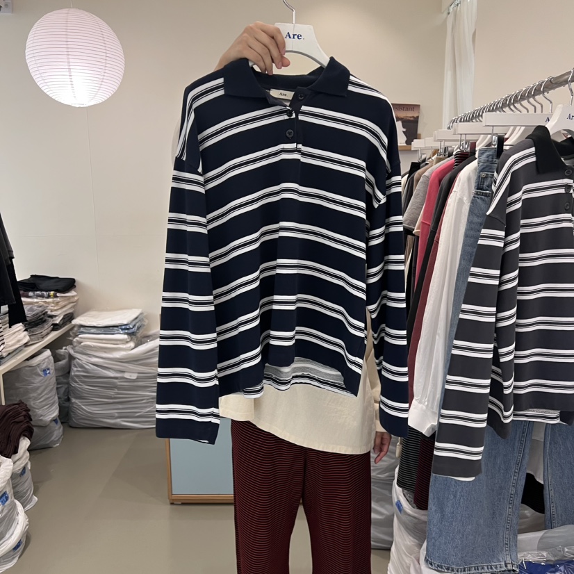 ARE韓國代購㊣女裝新品熱賣時尚真品人氣推薦職業長袖T恤條紋ARE YOU/ARE長袖T恤圖色2