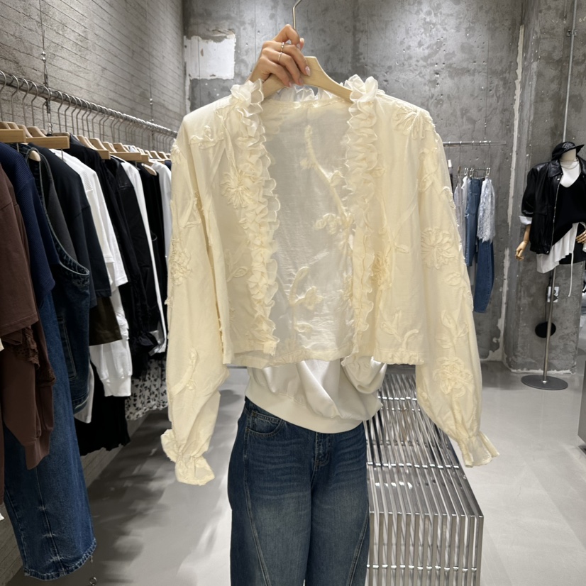 JUNI韓國代購㊣女裝新品職業休閑真品時尚人氣襯衫蕾絲衫寬松my juni襯衫/蕾絲衫圖色1