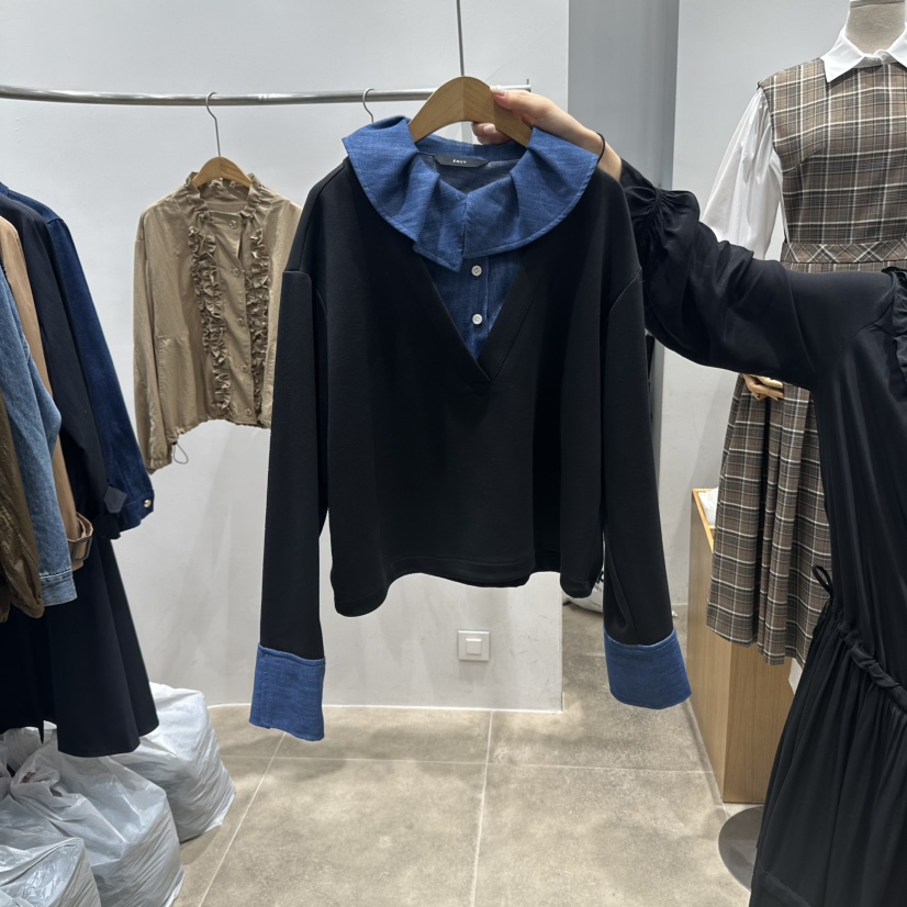 ENVY韓國直郵㊣女裝新款推薦25秋冬時尚休閑襯衫蕾絲衫假兩件ENVY襯衫/蕾絲衫圖色2
