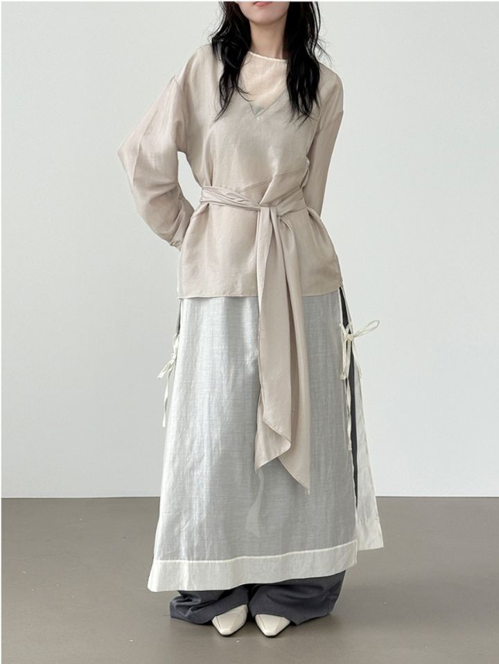 LIVE FOREVER韓國直郵㊣女裝新品25秋冬真品襯衫蕾絲衫含腰帶LIVE FOR_EVER襯衫/蕾絲衫
