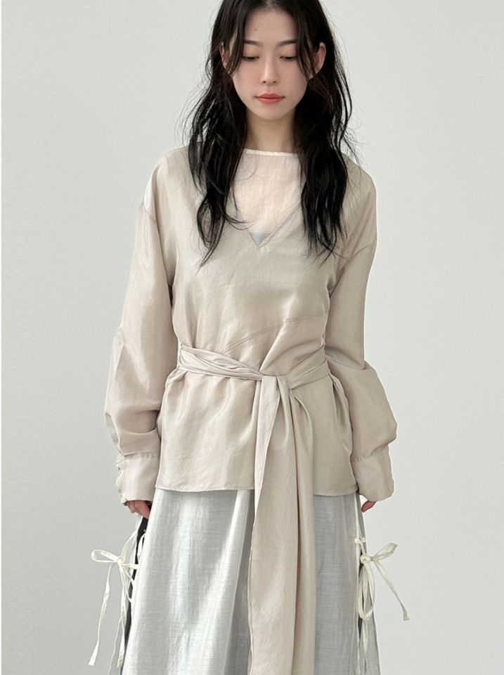 LIVE FOREVER韓國直郵㊣女裝新品25秋冬真品襯衫蕾絲衫含腰帶LIVE FOR_EVER襯衫/蕾絲衫