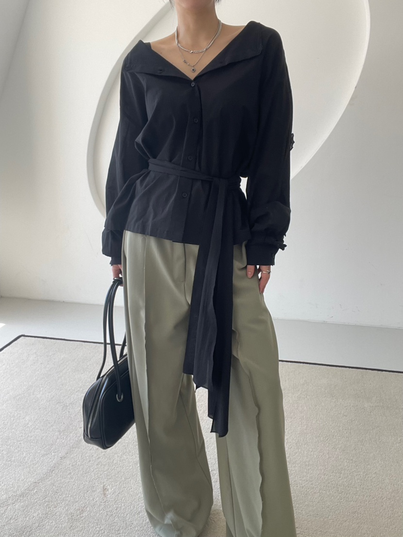 REIZ韓國代購㊣女士新品25秋冬休閑職業熱賣襯衫蕾絲衫含腰帶REIZ襯衫/蕾絲衫