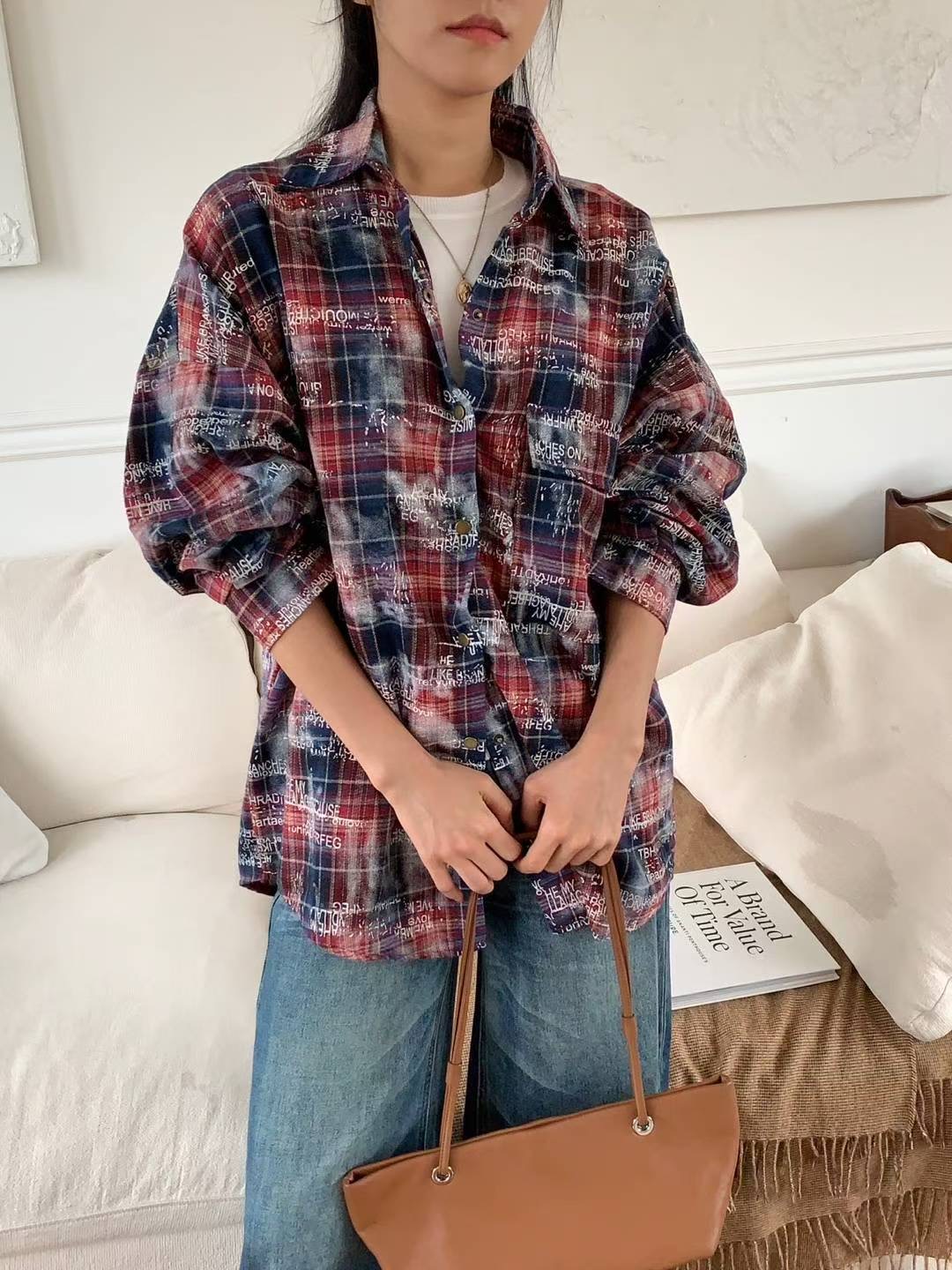 PLACE東大門㊣代購女士新款人氣熱賣真品襯衫蕾絲衫復古格紋PLACE襯衫/蕾絲衫