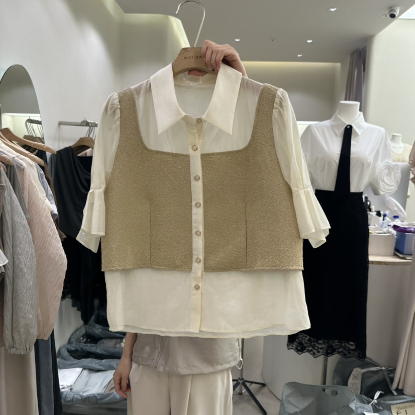MATIERE韓國代購㊣女裝新款時尚熱賣真品25秋冬襯衫蕾絲衫假兩件MATIERE襯衫/蕾絲衫