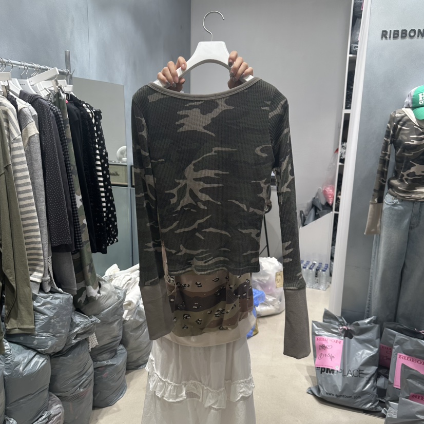 RIBBON東大門㊣直郵女裝新款熱賣推薦職業25秋冬長袖T恤迷彩RIBBON長袖T恤