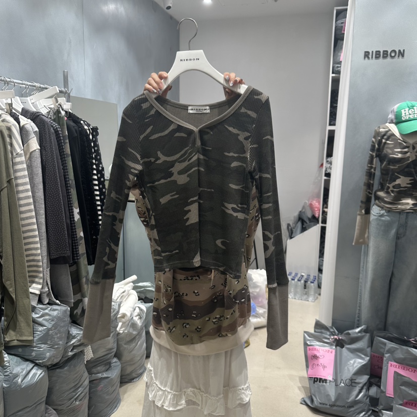 RIBBON東大門㊣直郵女裝新款熱賣推薦職業25秋冬長袖T恤迷彩RIBBON長袖T恤圖色2