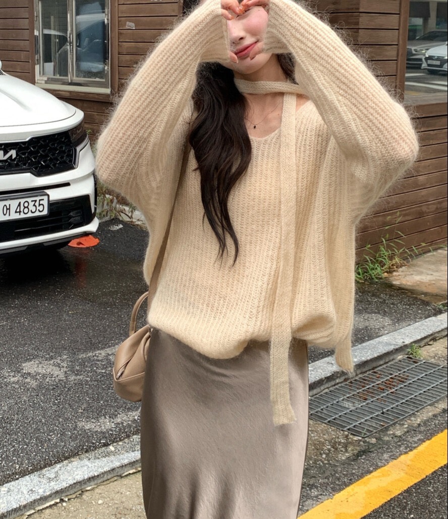 OLA東大門㊣實拍女裝新品真品推薦職業休閑人氣針織衫含脖帶mellor/OLA針織衫