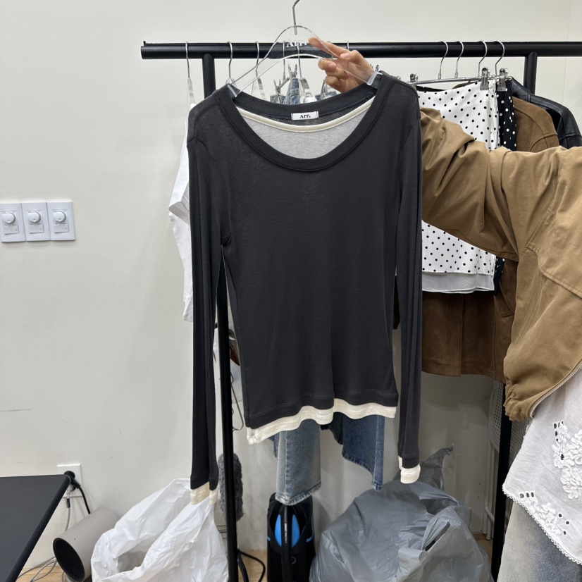ARR韓國代購㊣女士新品職業熱賣人氣25秋冬推薦長袖T恤假兩件ARR長袖T恤圖色3