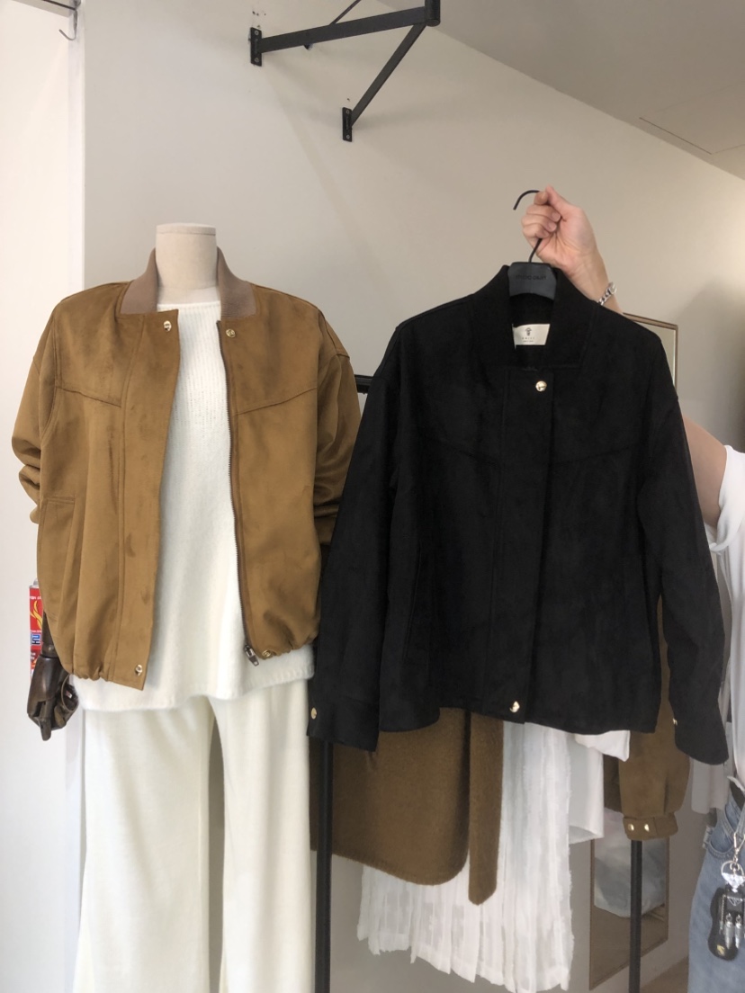 OBJET東大門㊣實拍女士新品熱賣25秋冬推薦時尚休閑夾克絨面革love us u/OBJET夾克