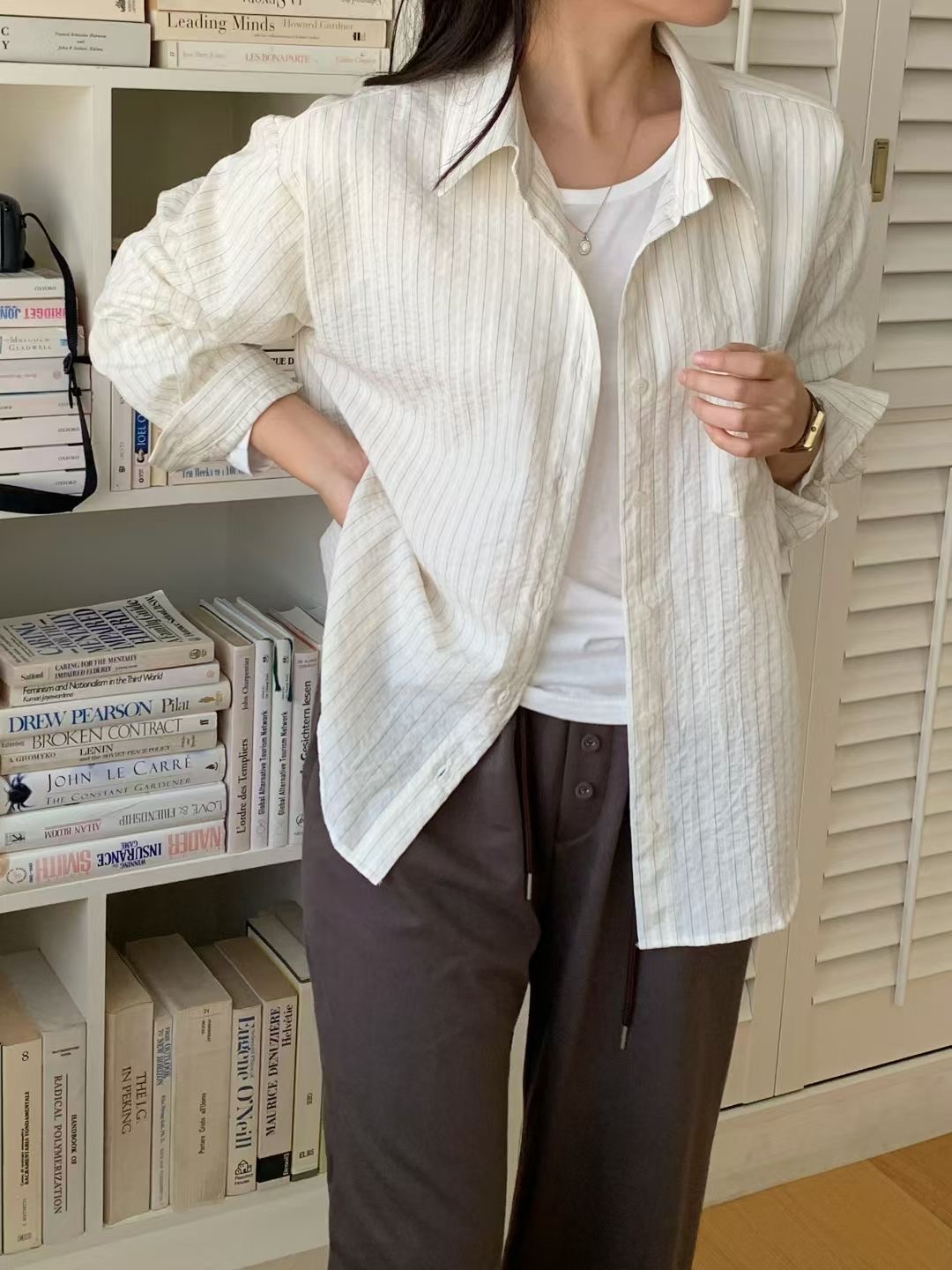 AND東大門㊣代購女裝新品休閑人氣時尚真品25秋冬襯衫蕾絲衫條紋AND襯衫/蕾絲衫