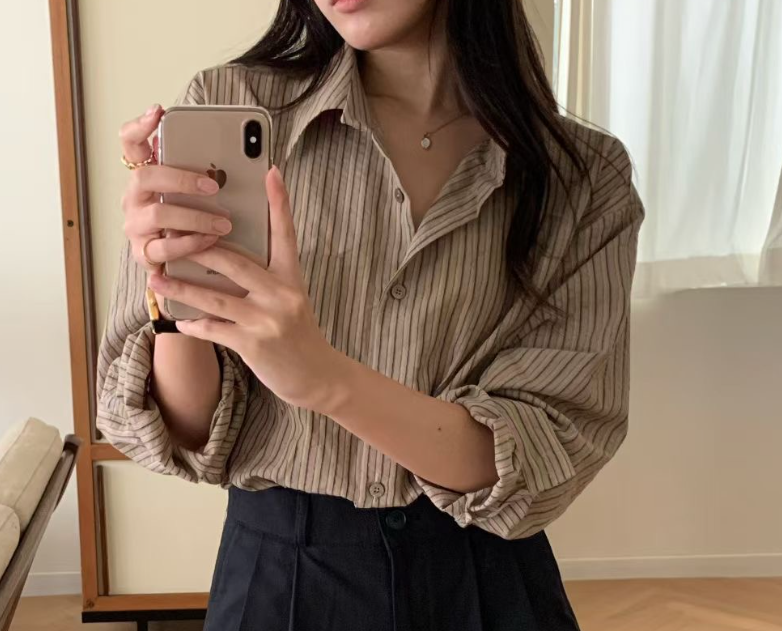 AND東大門㊣代購女裝新品休閑人氣時尚真品25秋冬襯衫蕾絲衫條紋AND襯衫/蕾絲衫圖色2