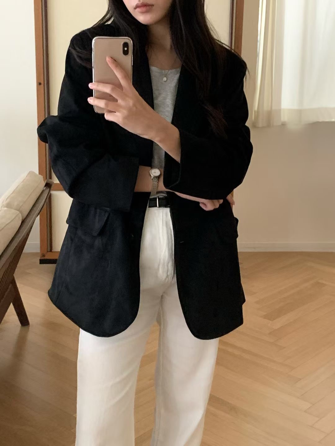 AND韓國代購㊣女裝新品熱賣25秋冬人氣推薦夾克不含內搭絨面革AND夾克圖色2