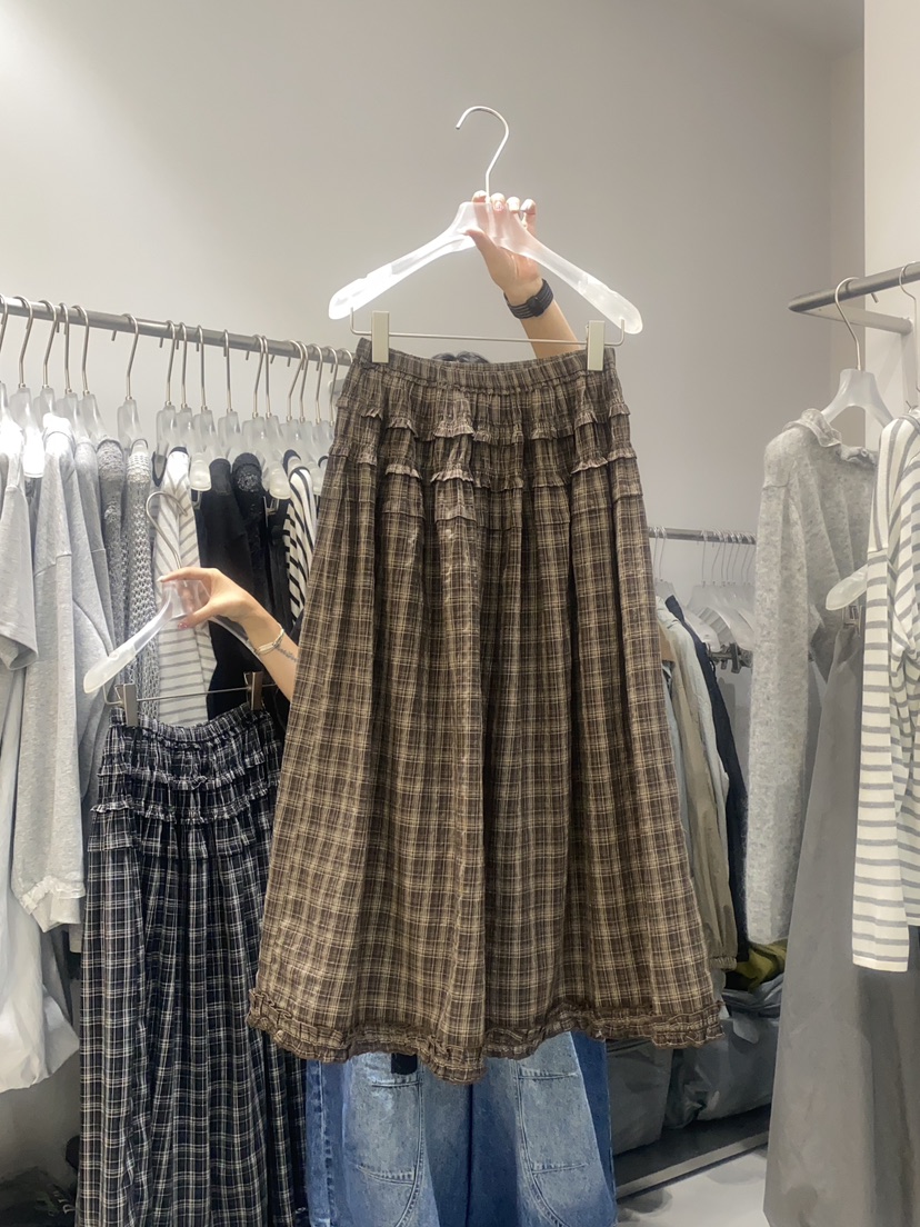 LOOKK東大門㊣直郵女士新品25秋冬時尚熱賣休閑長裙荷葉邊格紋LOOKK長裙